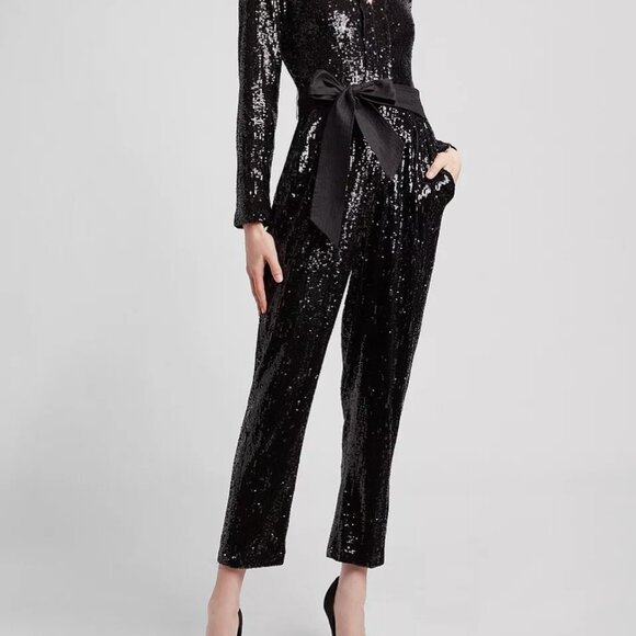 Express Women's Black Sequin Jumpsuit Size XS Petite Party V-Neck - Picture 2 of 10